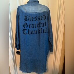 Thrill Jeans Distressed Denim Button-Up Shirt/Dress w/High Low Hem, Size Large